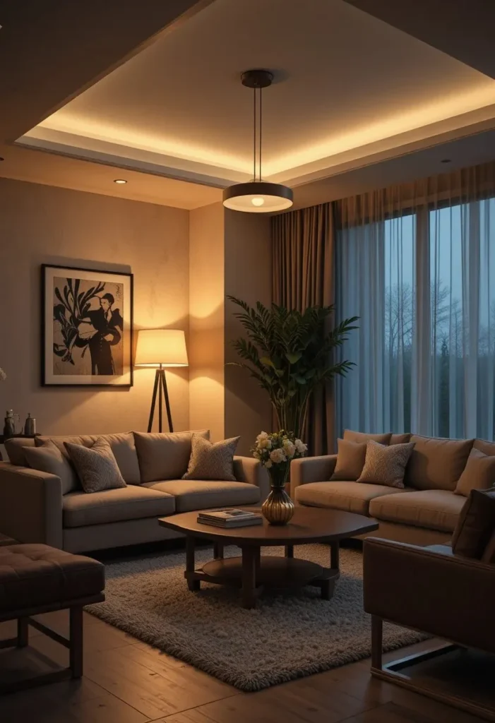 Layered lighting creating a warm and cozy living room ambiance.