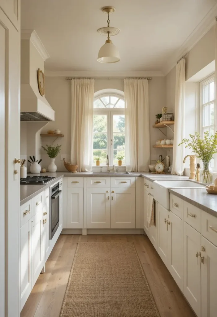 Soft white kitchen layered with cream accents and natural textures.