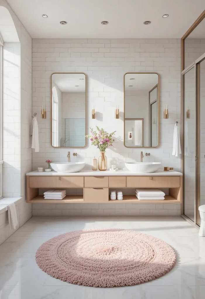 Round blush pink bathroom rug softening the clean lines of a modern bathroom.
