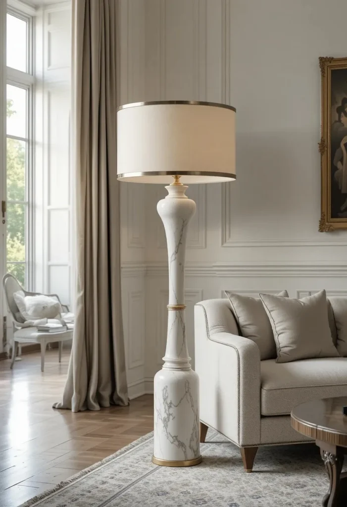 Luxury floor lamp with a white marble base in an elegant living room.