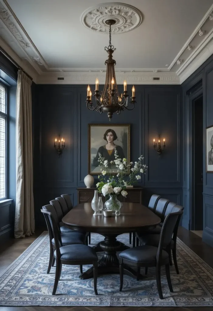 Slate blue dining room with dark wood furniture and bronze chandelier.