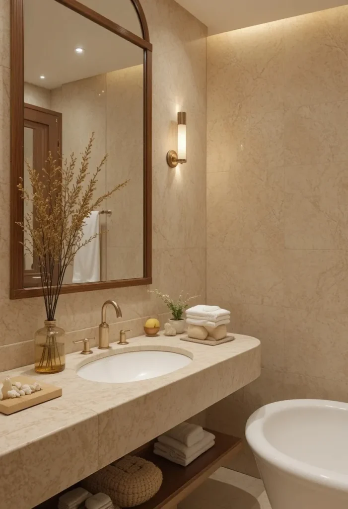 Guest bathroom with warm neutral colors, fluffy towels, and spa-inspired decor