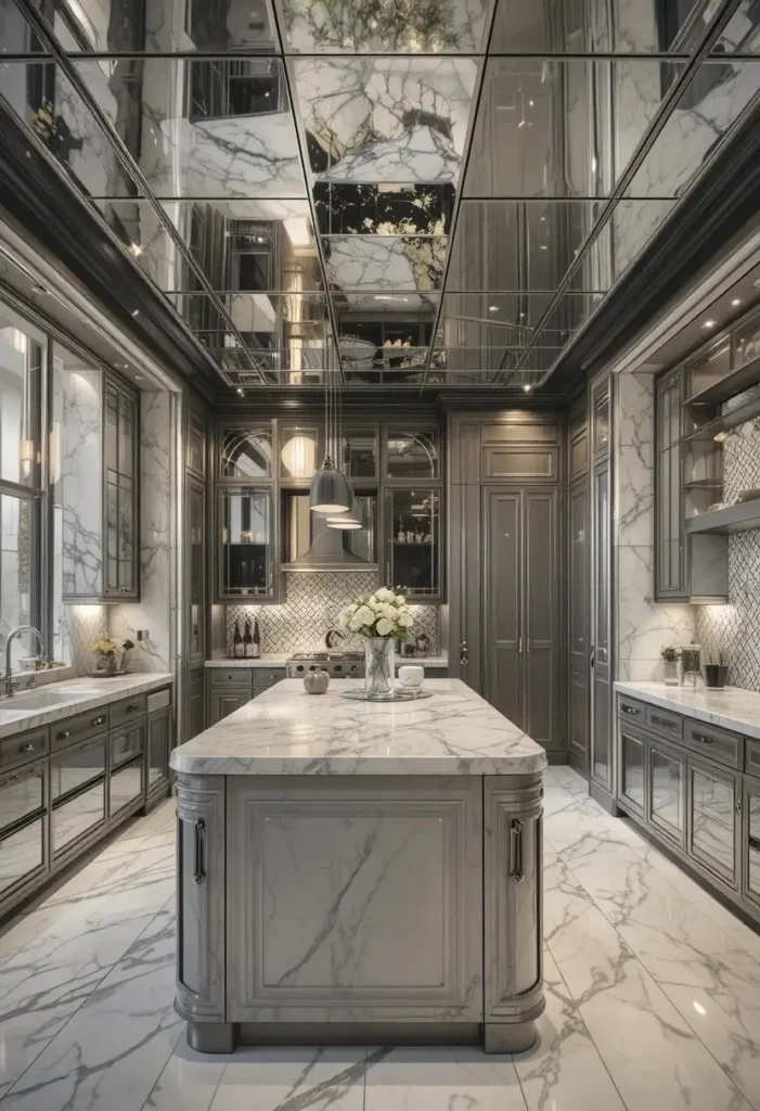 Kitchen with mirrored ceiling tiles creating a glamorous reflective effect.