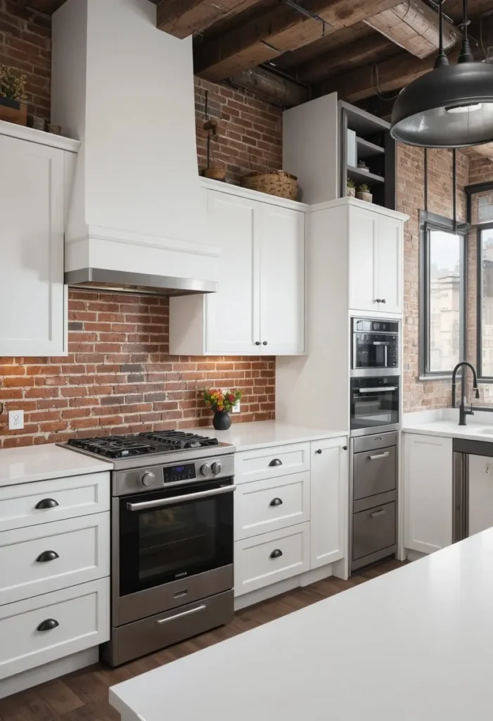 White kitchen contrasted by a warm exposed brick backsplash.