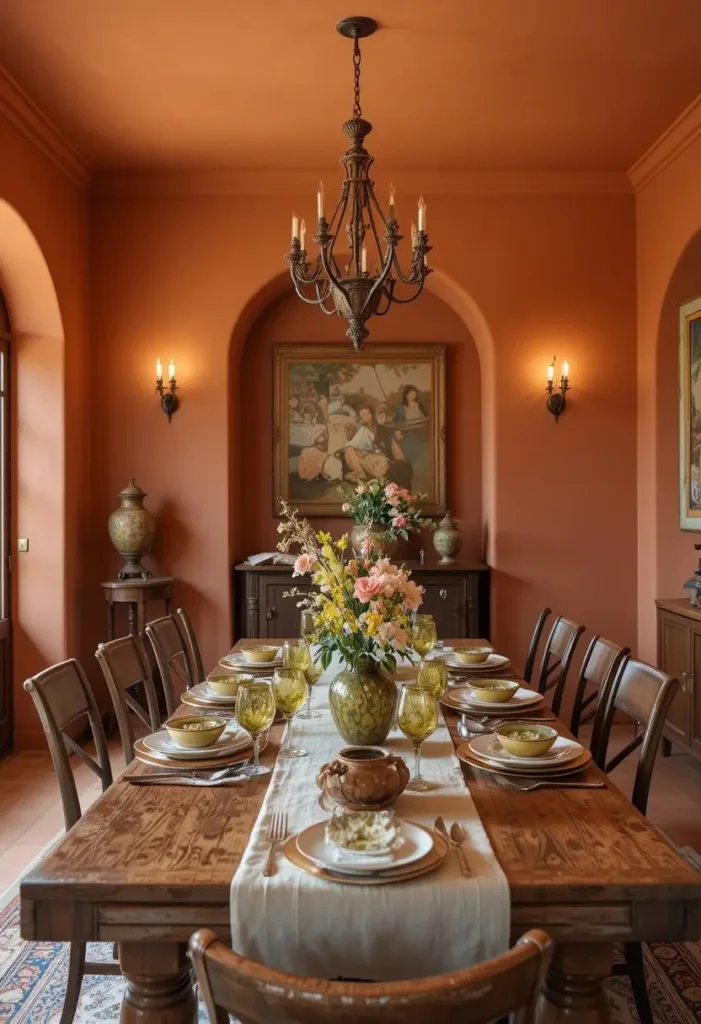 Terracotta dining room with earthy decor and warm Mediterranean style