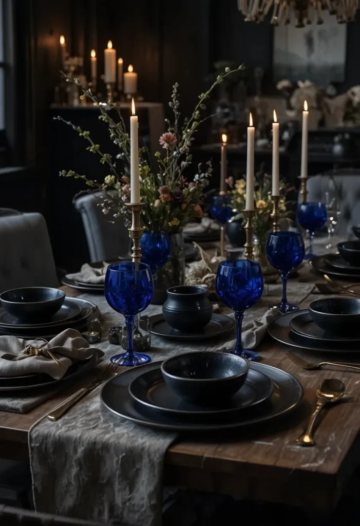 Dining table styled with dark ceramics, cobalt glassware, and brass cutlery in a moody setting.