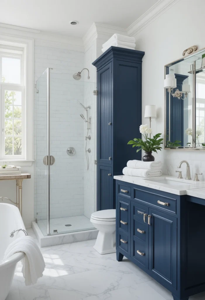 Classic blue and white bathroom with a navy vanity, white tiles, and fresh timeless styling.
