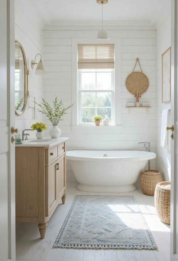 White and blue woven cotton rug in a bright coastal-style bathroom.