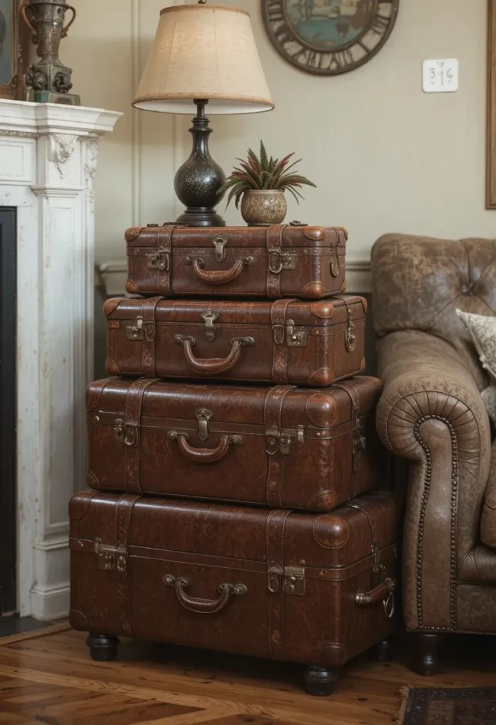 Vintage suitcase stack serving as a unique and functional living room side table.