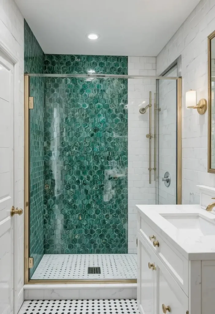 Walk-in shower featuring a bold forest green accent wall in a small bathroom.
