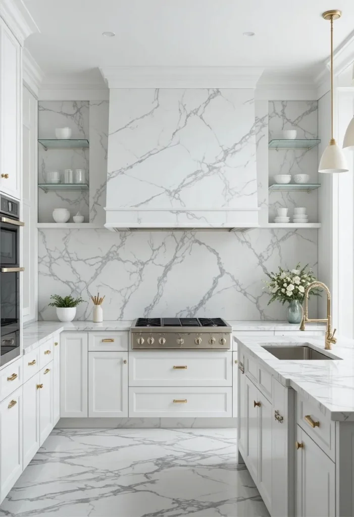 Full-height marble slab backsplash creating a luxurious kitchen focal point.