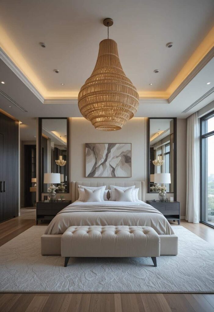 Master bedroom with a statement chandelier creating a stylish focal point.