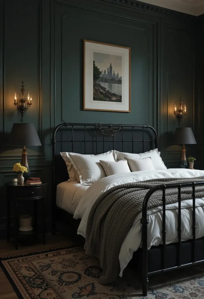 Moody bedroom combining dark green walls with black accents and warm lighting