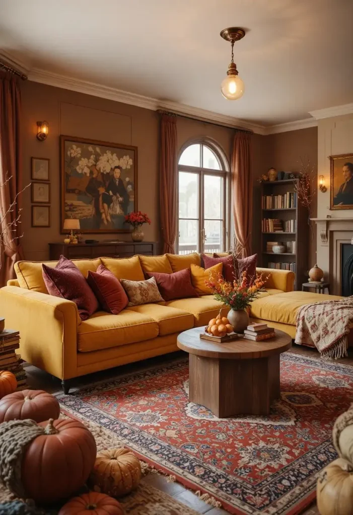 Mustard yellow couch styled with burgundy accents for a warm autumn-inspired look.