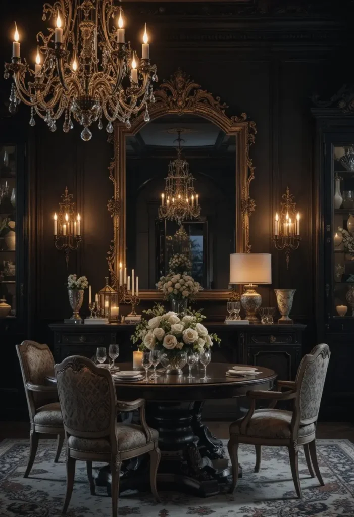 Dining room with an antique mirror and dark glass surfaces reflecting warm candlelight.