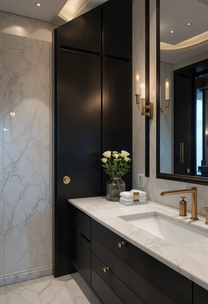 Matte black bathroom cabinets with brass hardware in a luxury modern bathroom.