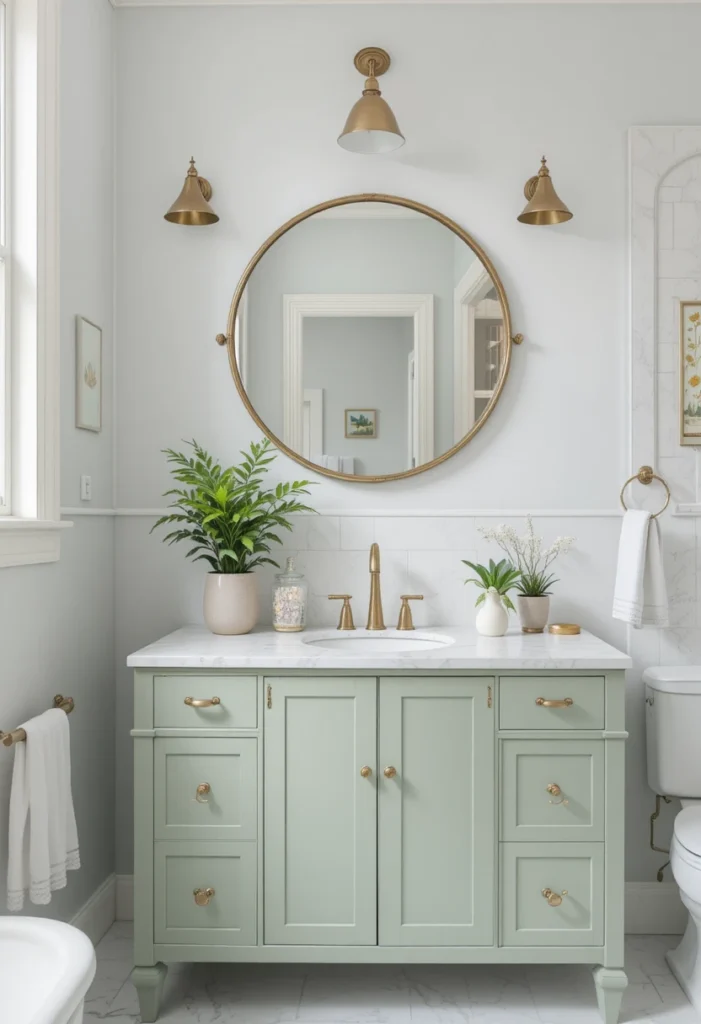 White bathroom with a stylish sage green vanity and brass accents