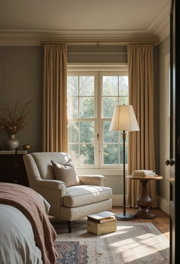 Cozy reading nook corner inside a stylish master bedroom.