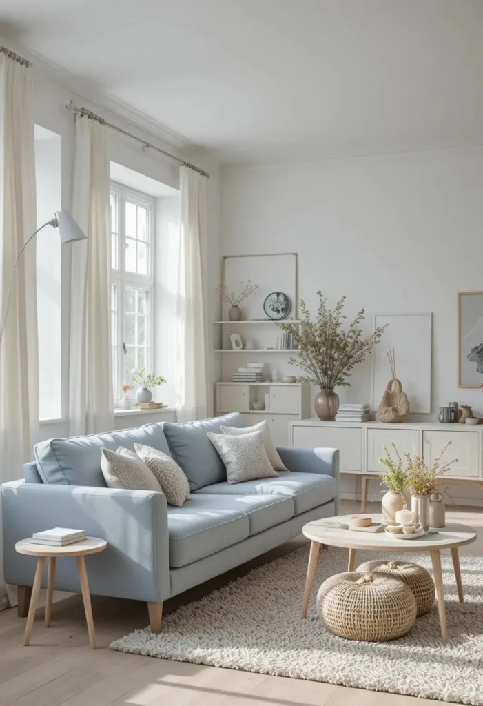 Powder blue couch in a bright Scandinavian-inspired living room.