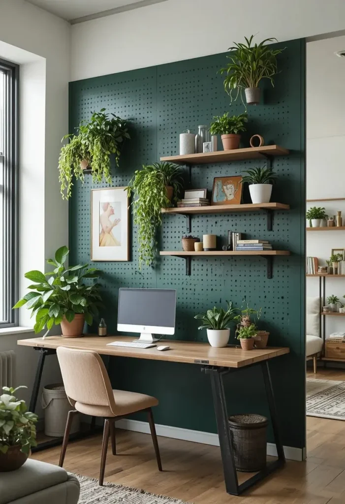 Pegboard divider combining storage, display, and room separation.