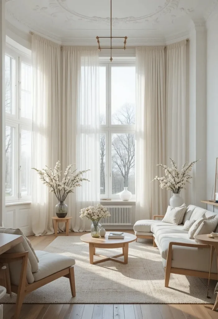Scandinavian living room with sheer linen curtains filtering beautiful natural light.