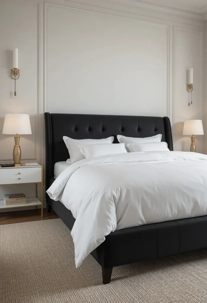 Elegant bedroom with a bold black bedframe and neutral calming decor