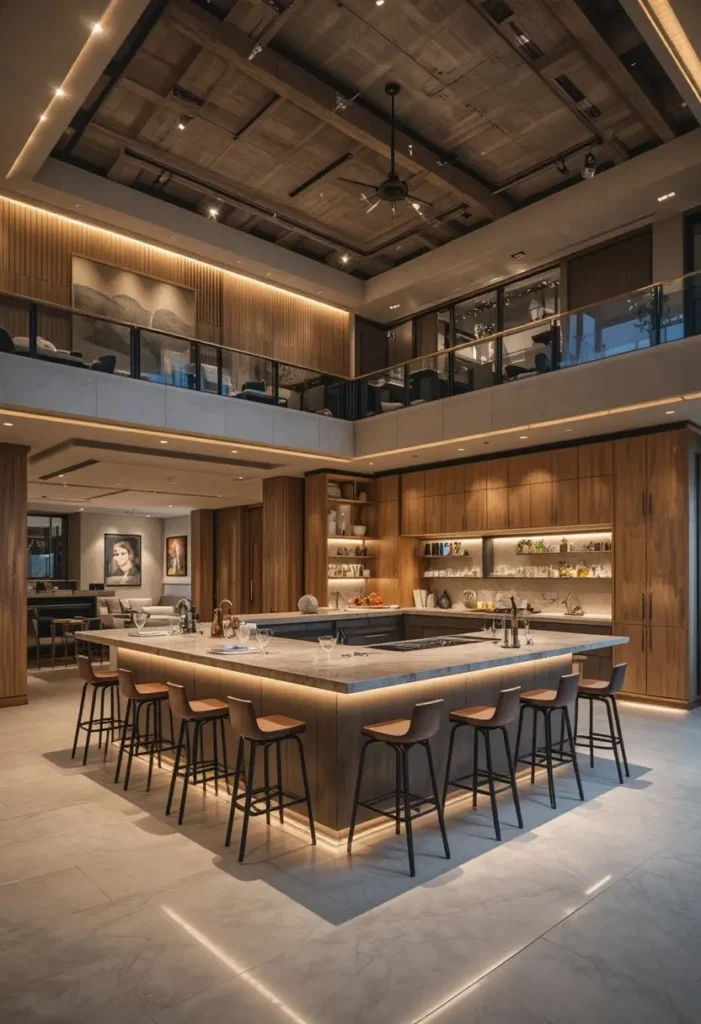 Open-plan L-shaped kitchen with a large island designed for entertaining guests.