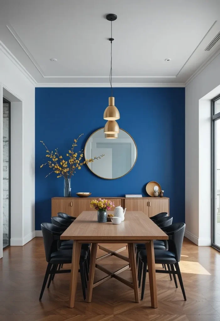 Modern dining room with cobalt blue accent wall, wood table, and round mirror.