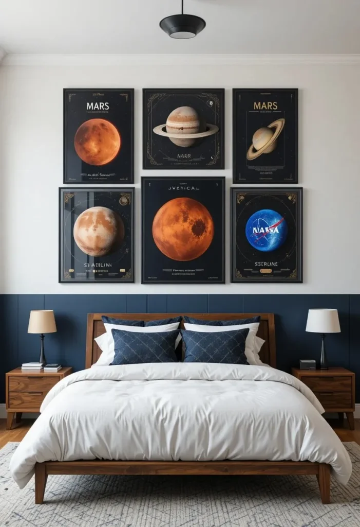 NASA poster gallery wall decorating a modern space inspired bedroom.