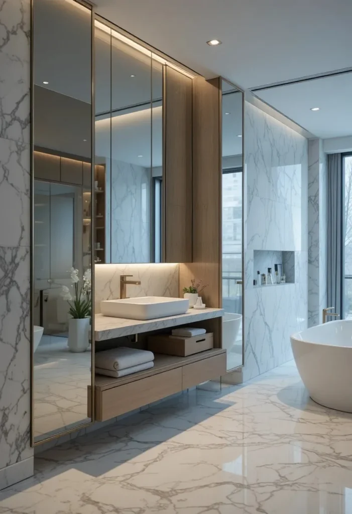 Bathroom featuring frameless mirrored cabinet doors for hidden storage and spaciousness.
