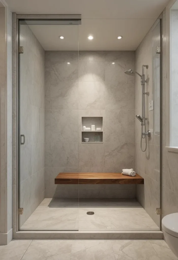 Walk-in shower with a built-in bench adding comfort and luxury to a small bathroom.