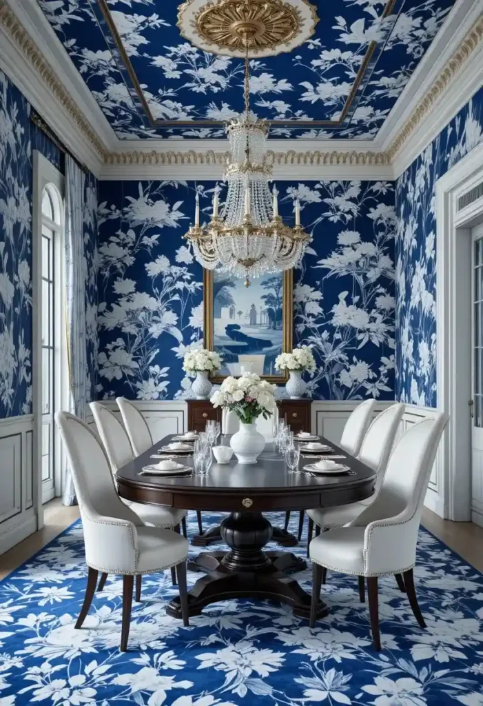 Blue and white chinoiserie wallpaper dining room with classic wood dining table.