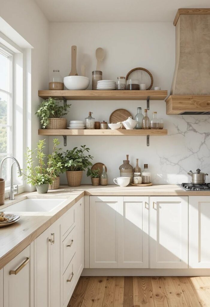 White oak kitchen cabinets combined with open shelving displaying ceramics and greenery.