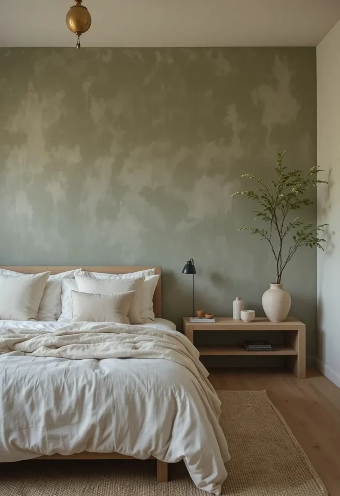 Sage green limewash accent wall with textured artisan finish.