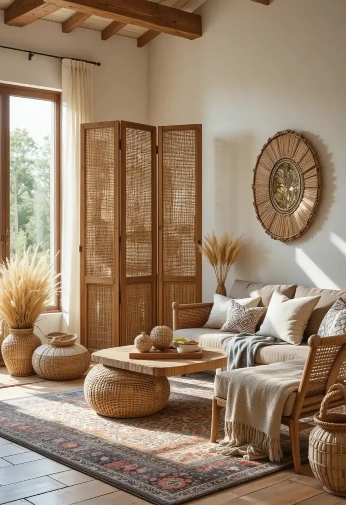 Rattan folding screen used as a warm bohemian room divider.