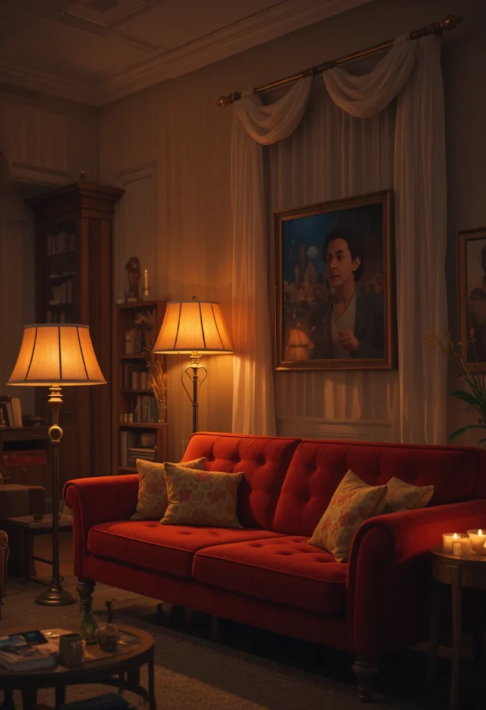 Red couch glowing under warm ambient lighting in a cozy living room.