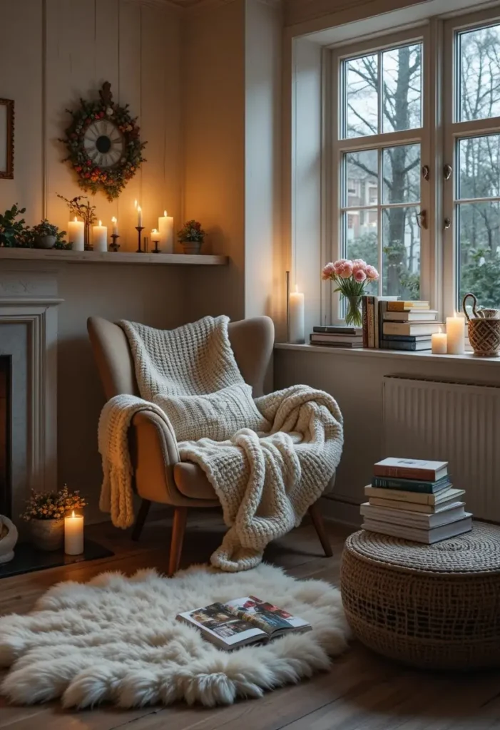 Hygge-inspired Scandinavian corner with layered textures, candles, and a cozy reading chair.