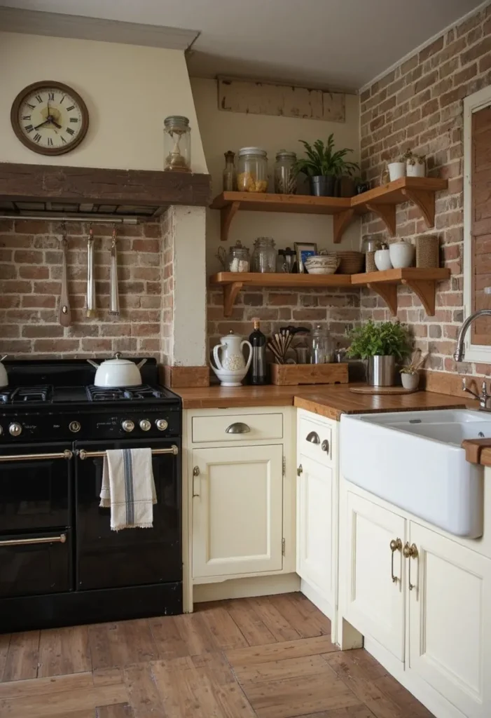 Farmhouse kitchen featuring black appliances and rustic warm decor