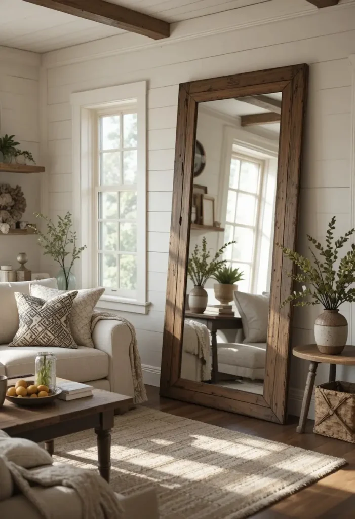 Oversized wooden mirror enhancing light and space in a farmhouse living room.