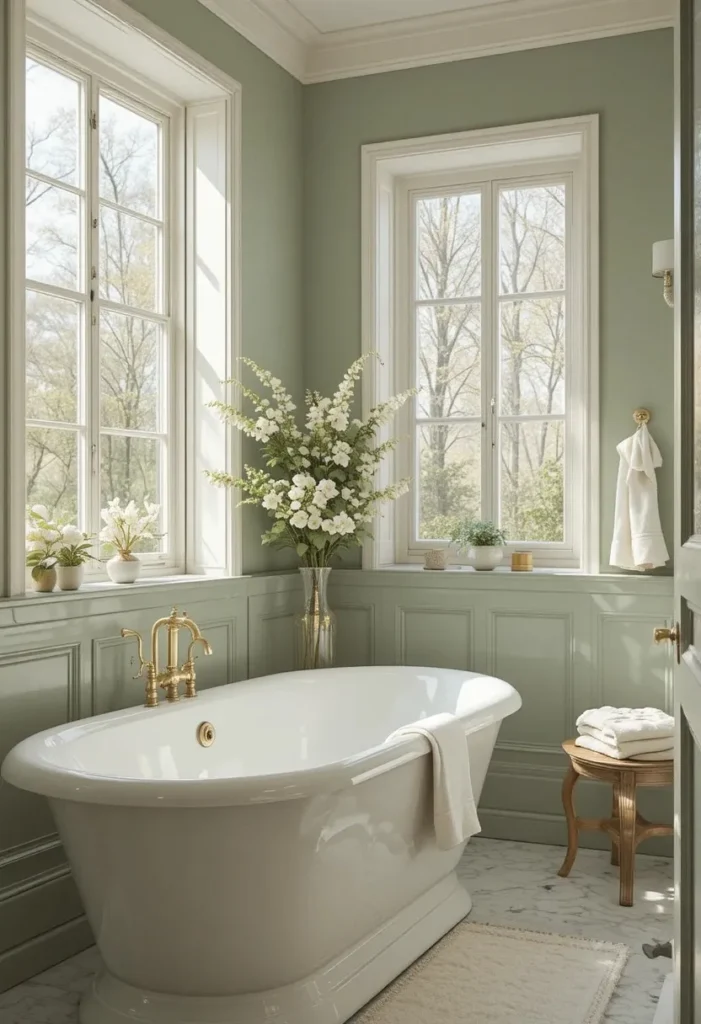 Sage green bathroom with brass fixtures and soft neutral accents