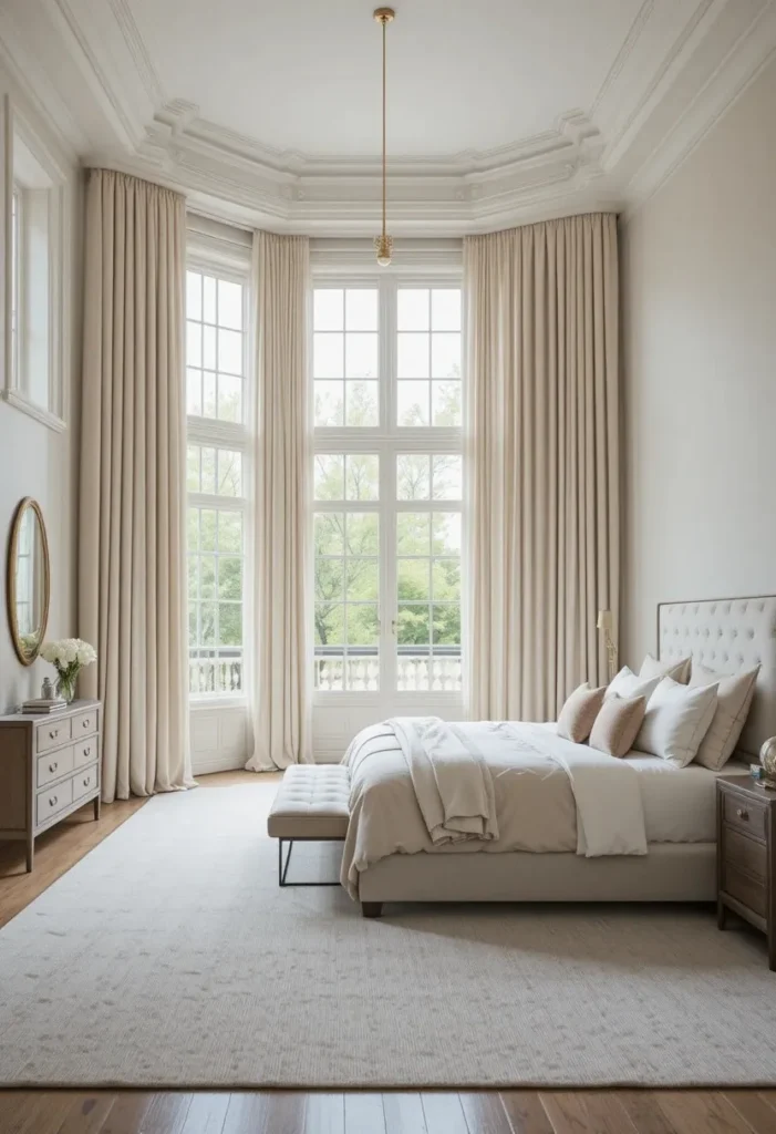 Master bedroom with long floor-to-ceiling curtains creating height and softness.