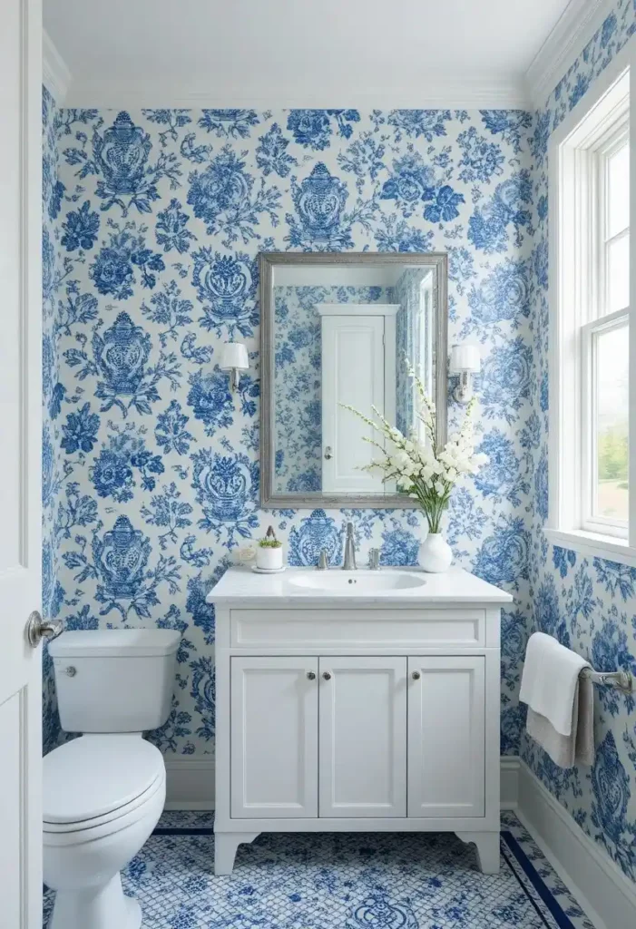 Classic blue and white wallpaper adding timeless charm to a bathroom.