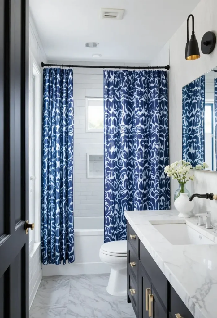 Bold navy patterned shower curtain transforming a neutral bathroom.