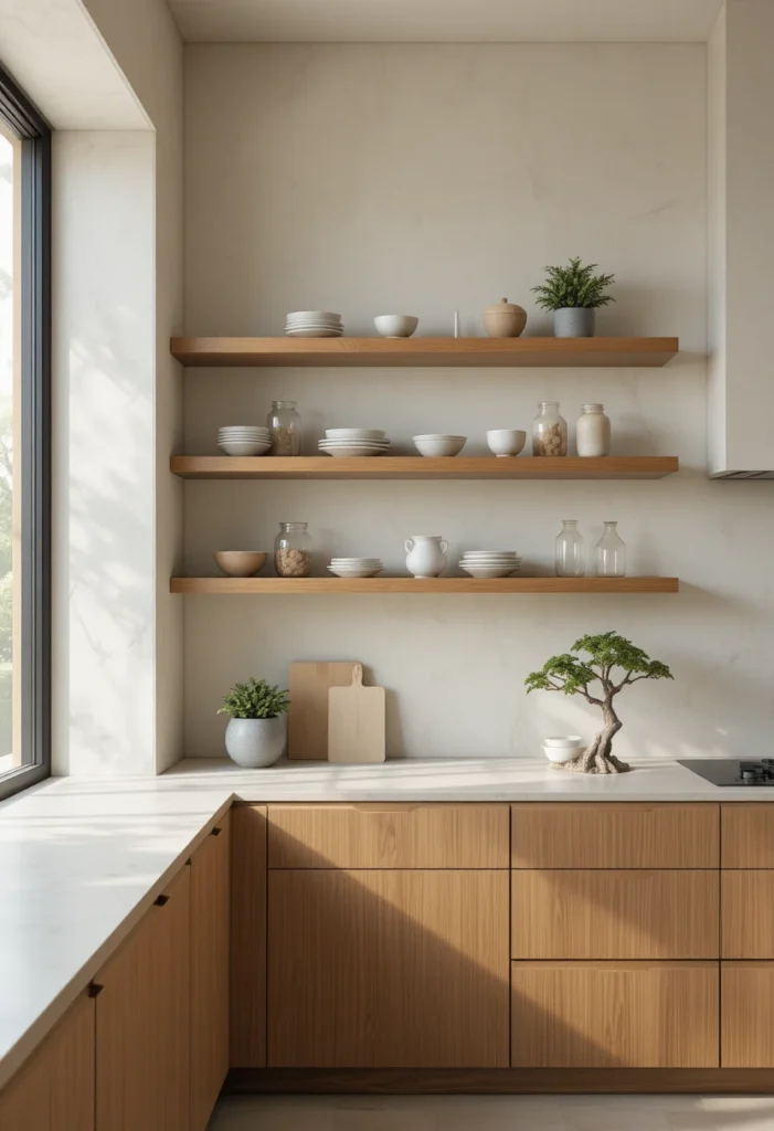 Japandi kitchen with floating wood shelves styled with ceramics and greenery.