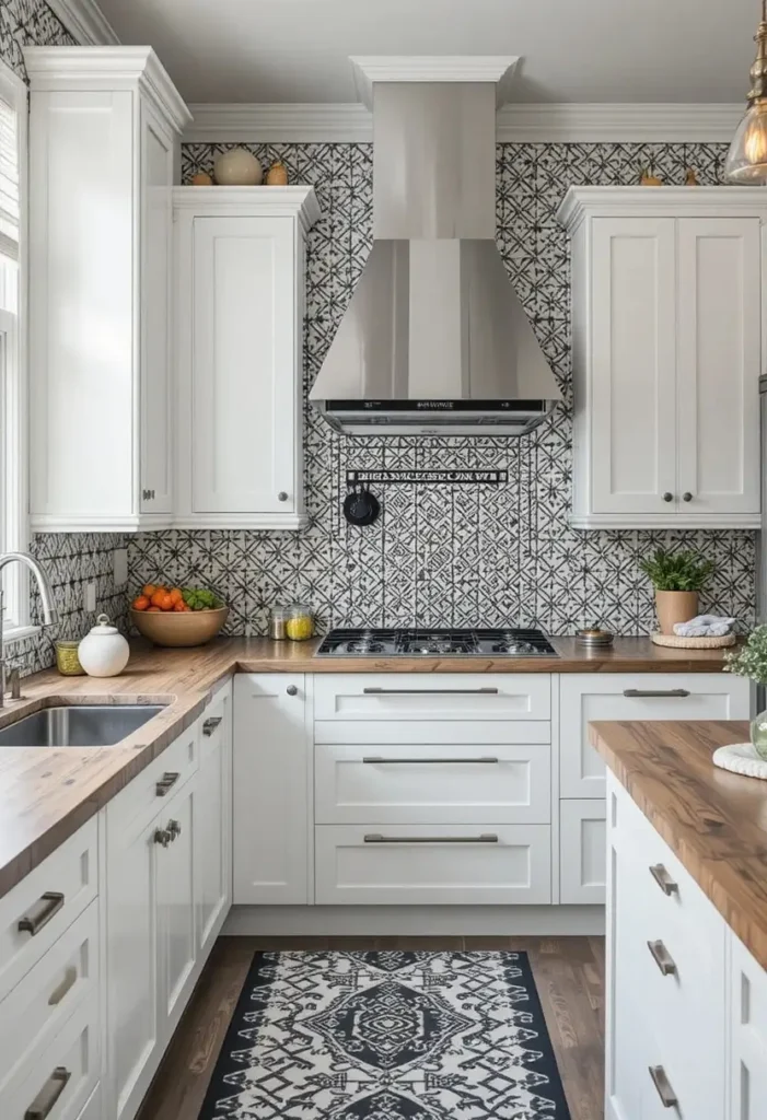 Geometric cement tile backsplash creating visual interest in a kitchen.