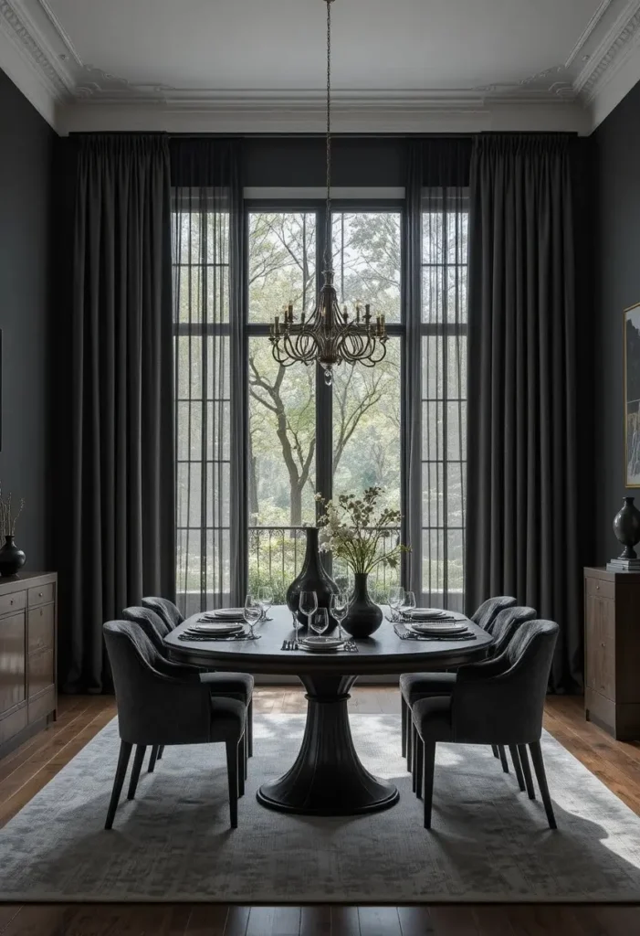 Dining room with dark linen curtains extending from ceiling to floor for dramatic elegance.