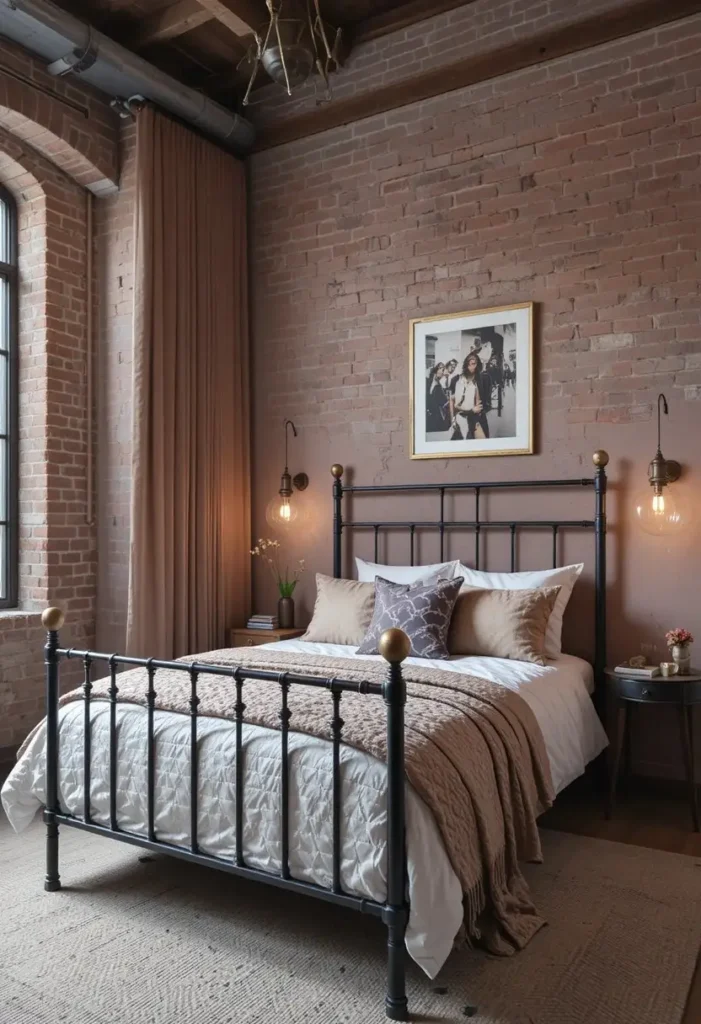 Purple bedroom with exposed brick walls blending industrial charm and warmth.