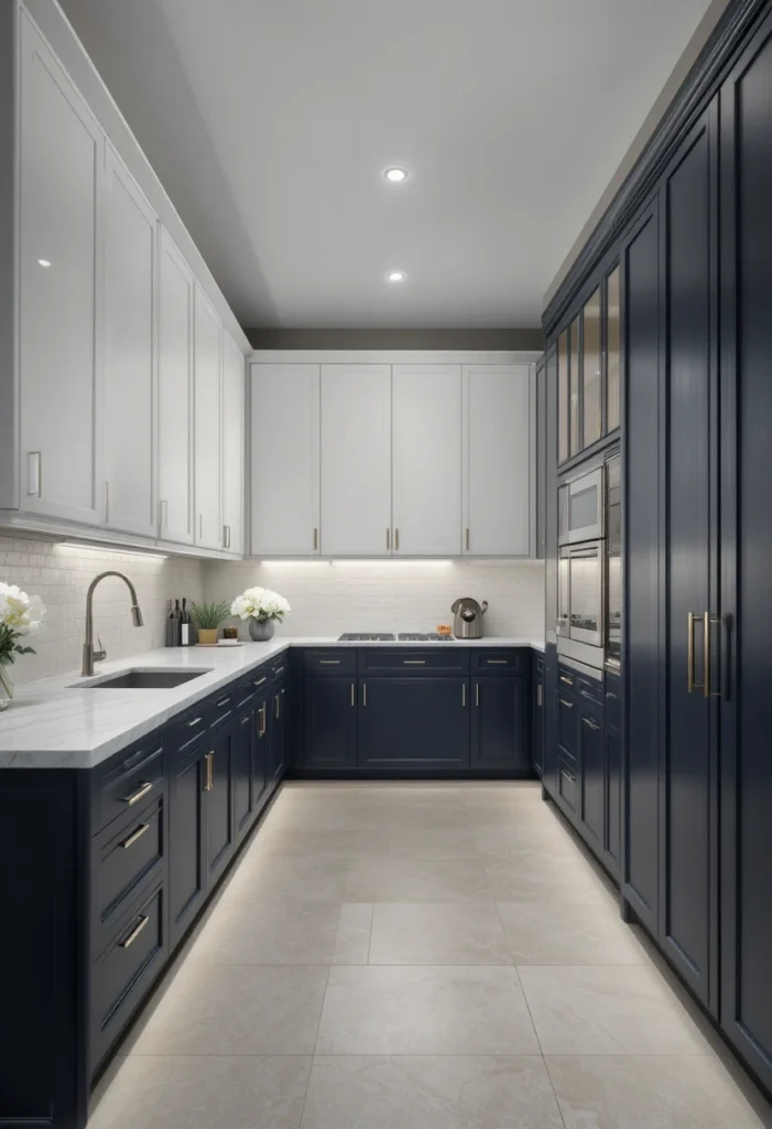 Modern long kitchen with contrasting two-tone cabinetry design