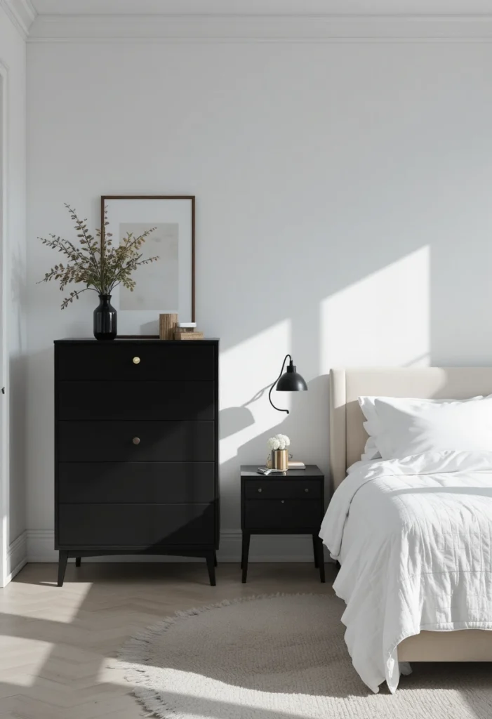 Light bedroom with striking black furniture as bold statement pieces