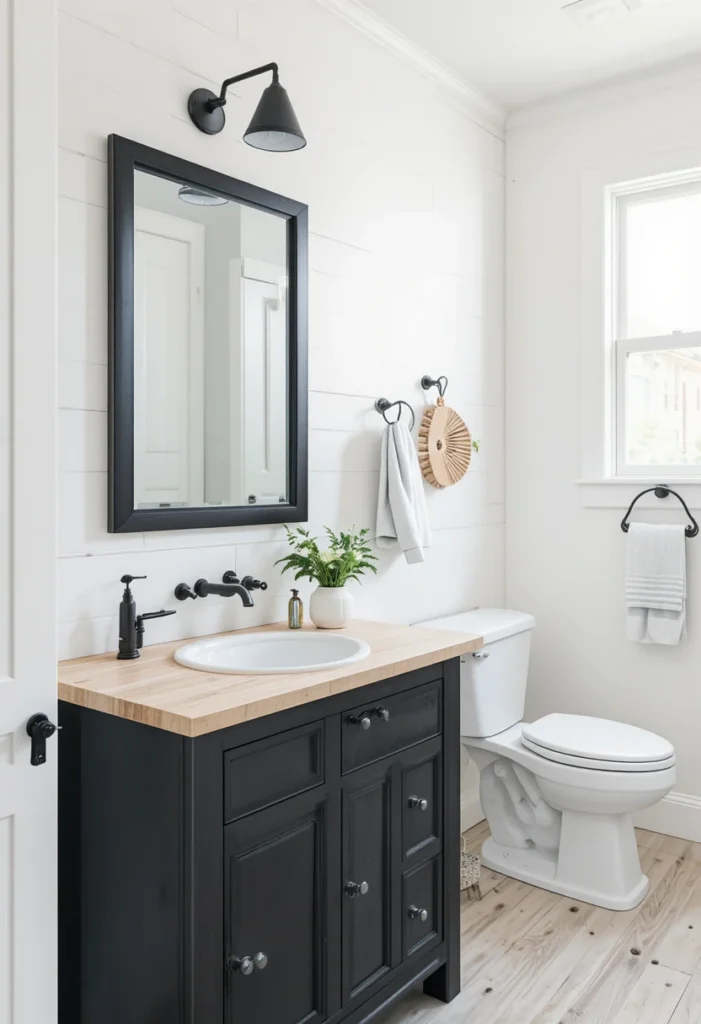 White shiplap bathroom walls accented with modern black accessories.